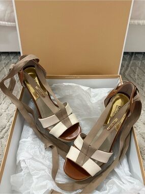 Michael Kors Las Rosas Cream/Tan Canvas/Leather Wedge with Tie Straps
